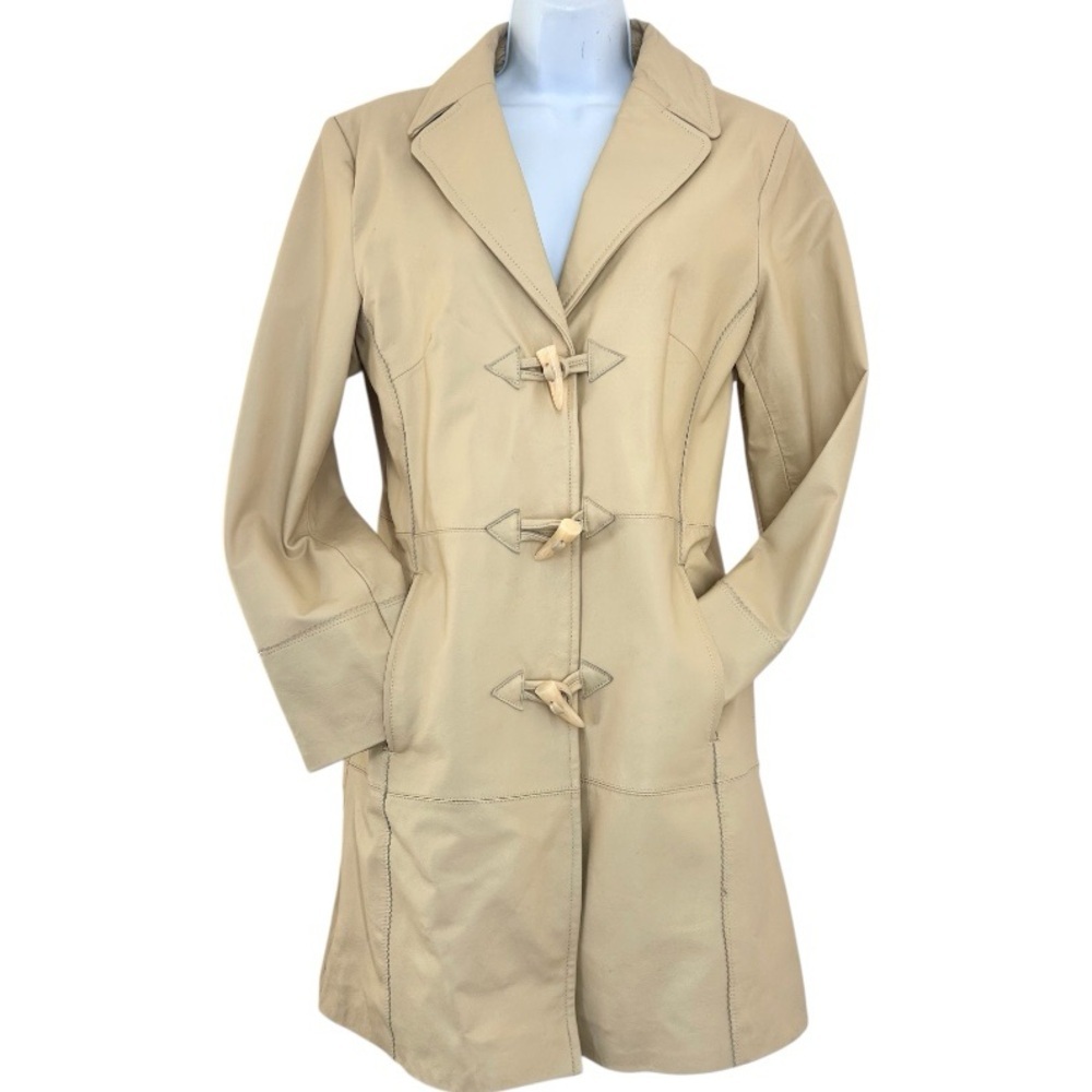 Vintage Y2K Terry Lewis Leather Trench Coat Cream Toggle Buttons Women's S